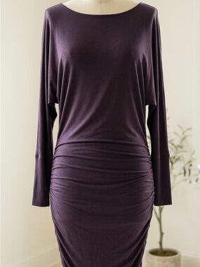 Full Circle Trends| Plum-Grey Long Sleeve Boatneck Side Ruched TKnit Dress Sz XS